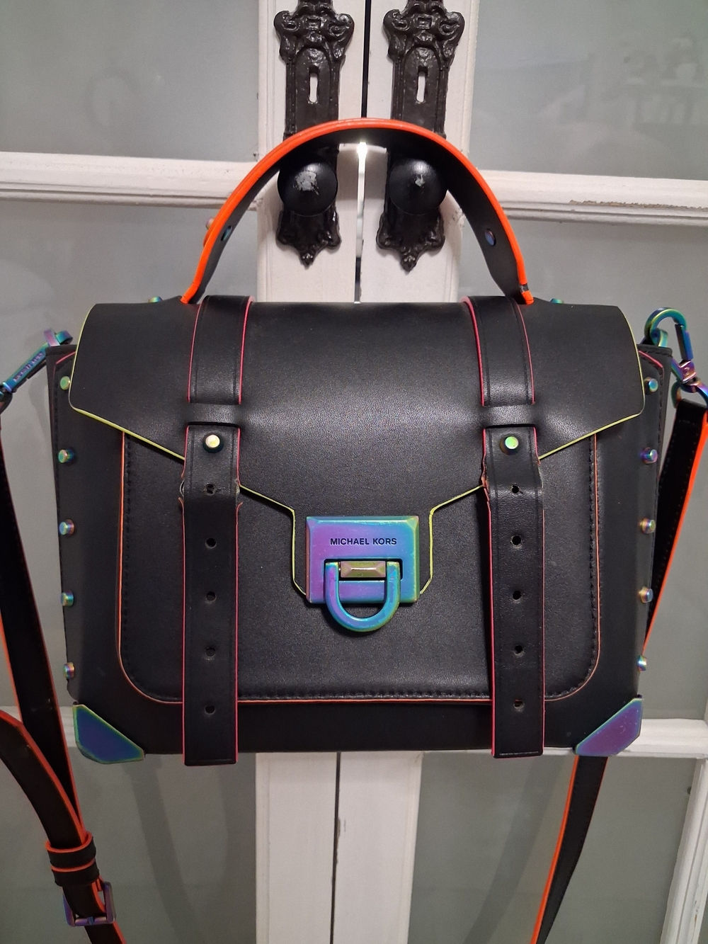 Michael Kors Black Satchel with Neon Orange Handle and Iridescent Hardware